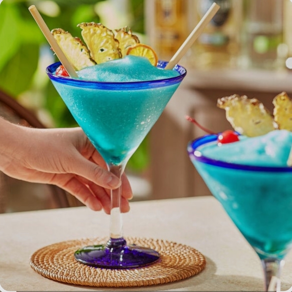 Hand Blown Aqua Blue Martini Glasses Set Of 2 Coastal Cocktail Barware New COPY